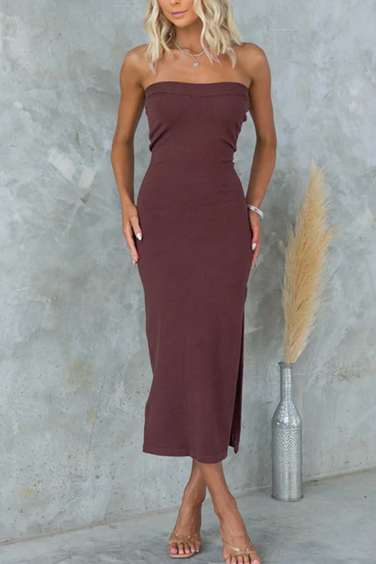 LD Strapless midi-jurk met geribd breisel en split