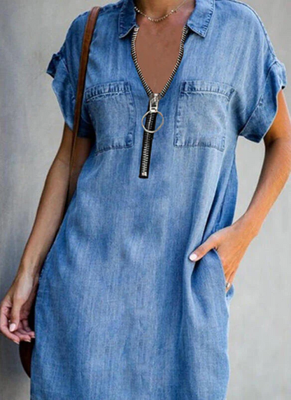 LD | kraag ritssluiting slim fit denim jurk jurken