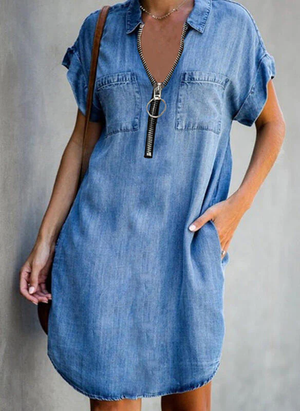 LD | kraag ritssluiting slim fit denim jurk jurken