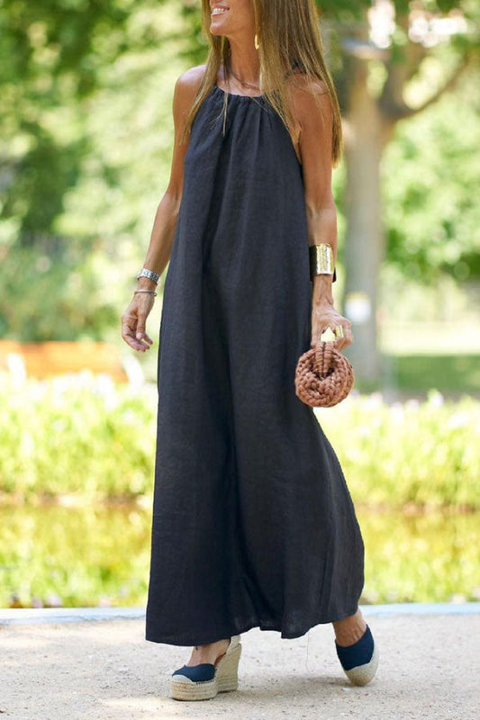 LD | Vintage vakantie effen kleur Halter hals maxi jurk