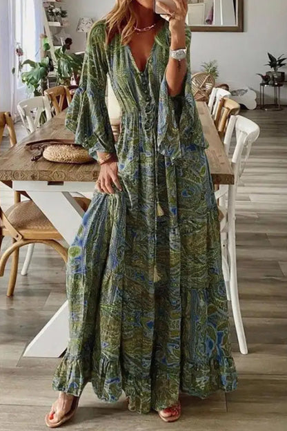 LD | V-hals Losse Peris Print Vakantie Lange Mouw Maxi Dress