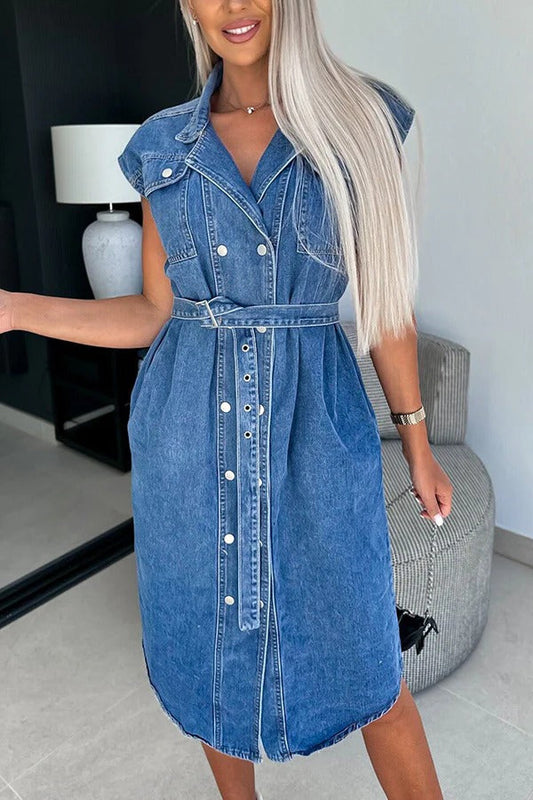 LD Solid Colour Casual Kapel Mouwloze Knoop Zak Taille Stropdas Denim Midi Dress