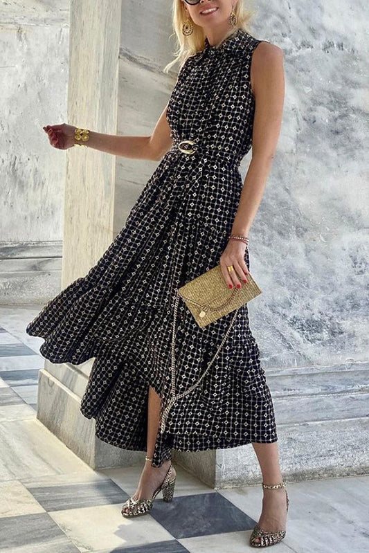 LD | Unieke print revers mouwloze getailleerde midi jurk
