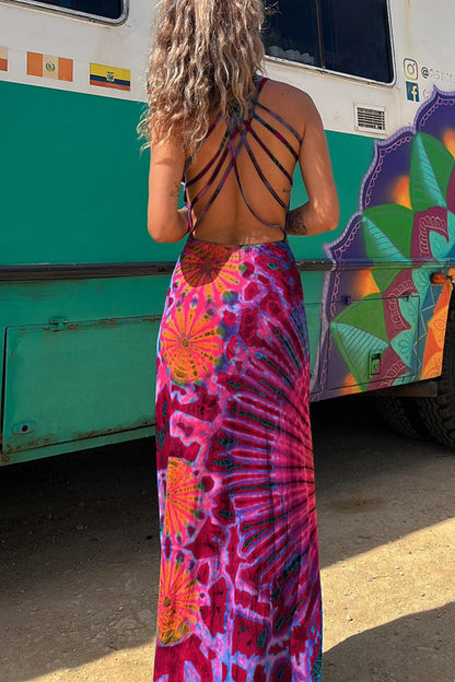 LD | La Bamba tie-dye print achter vetersluiting stretch maxi jurk