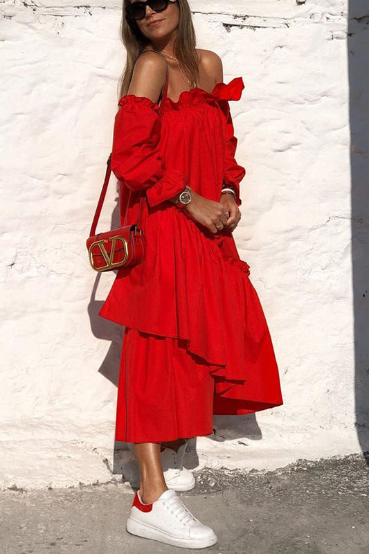 LD Fionna Off Shoulder Ruffle Irregular Trim Loose Midi Dress