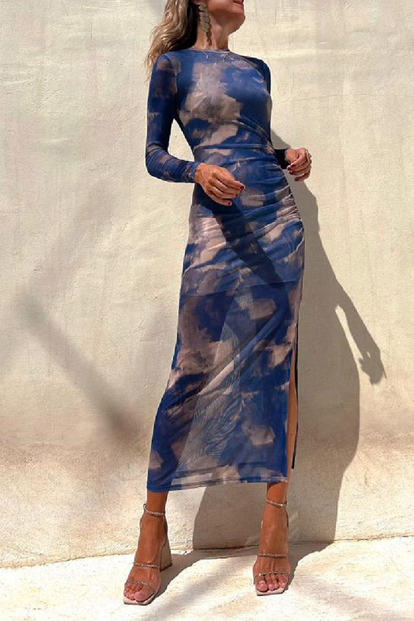 LD | Charm Lady Mesh Overlay Tie Dye Print Lange Mouwen Gerimpelde Stretch Midi Dress