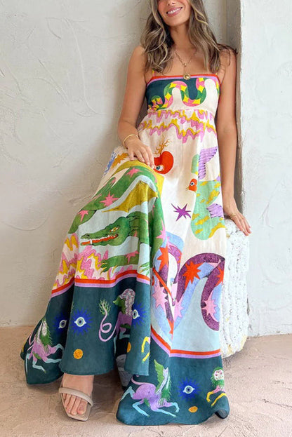 LD | Feel Moeiteloos Linnenmix Unieke Print Midi Dress met Gesmokte Rug