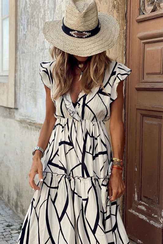 LD | Geometrische print V-hals ruches midi jurk