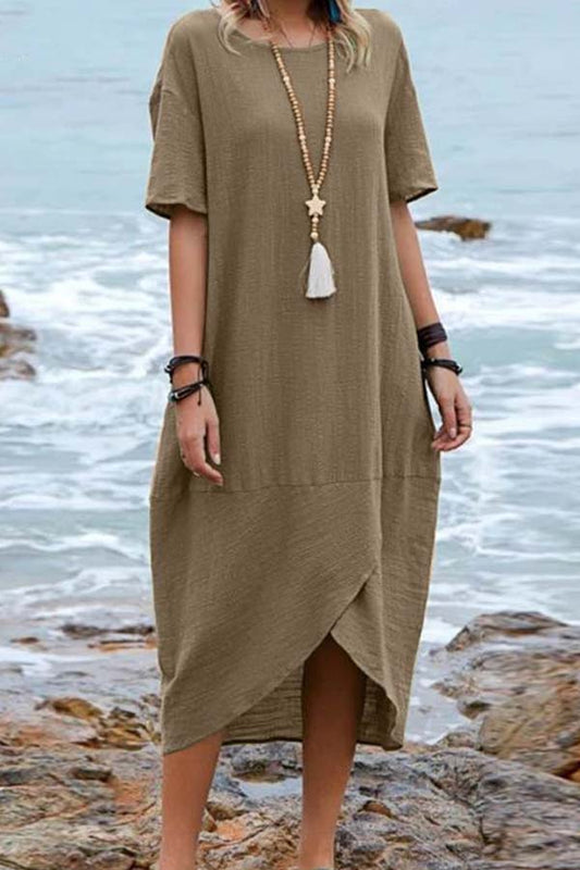 LD | Solid Colour Katoenen Linnen Retro Ronde Hals Korte Mouw Midi Dress