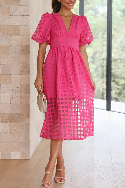 LD | Opmerkelijke Schoonheid Vierkante Gedessineerde Stof Puff Mouwen Party Midi Dress