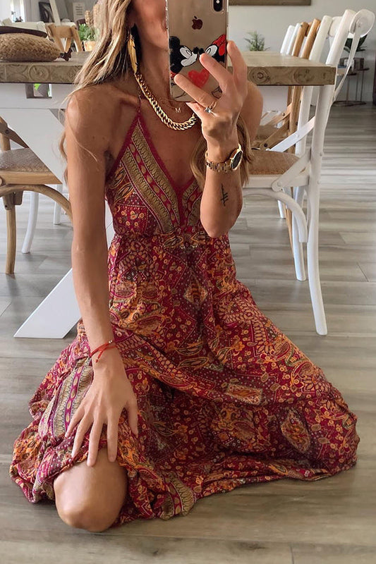 LD Celeste Boho geprinte maxi jurken met elastiek in de taille