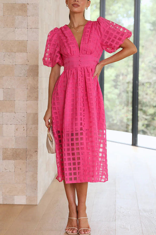 LD | Opmerkelijke Schoonheid Vierkante Gedessineerde Stof Puff Mouwen Party Midi Dress