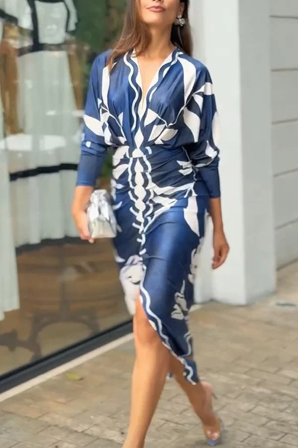 LD Caliana Unieke print Dolman Lange Mouwen Met Ruches Split Midi Dress