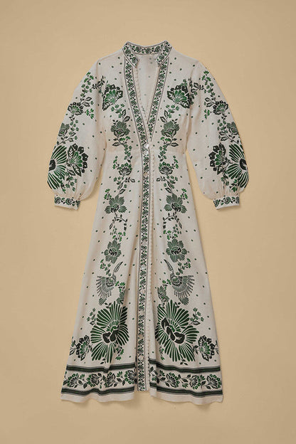 LD | Unieke Print Button Down Lange Mouw Shirt Maxi Dress