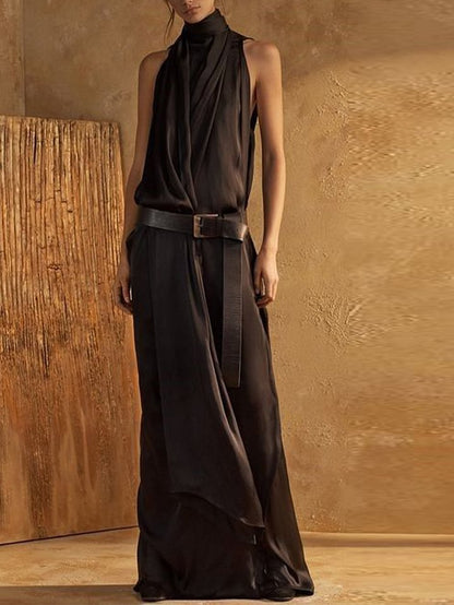 LD | Maxi Tank Dress voor dames - Hoge halslijn - Mouwloos - Tailleband - Vloeiende pasvorm - Ademende mix