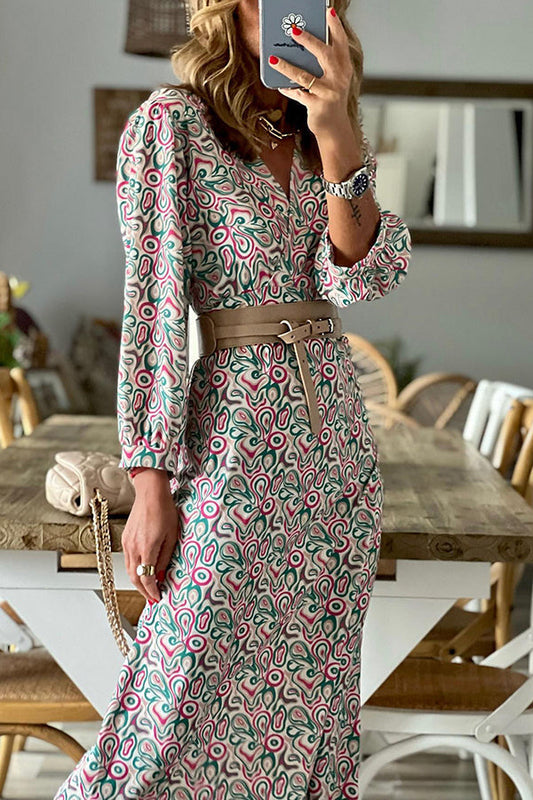 LD | V-hals multi print midi jurk