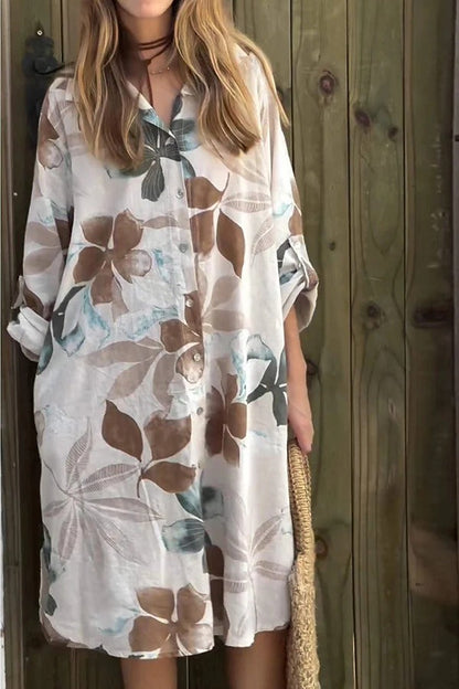 LD | Botanische print Losse midi-jurk met lange mouwen en één rij knopen