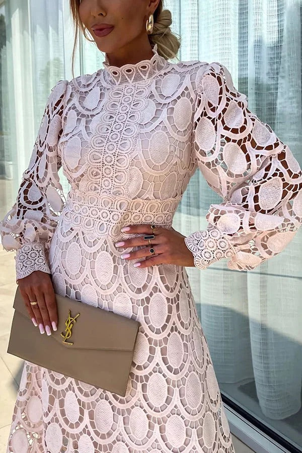 LD sensuele en elegante midi-jurk met gehaakte kanten lantaarnmouwen