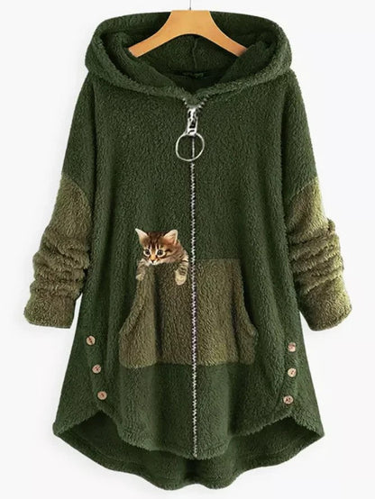 LD | Knus fleecevest met capuchon en schattige kattenprint