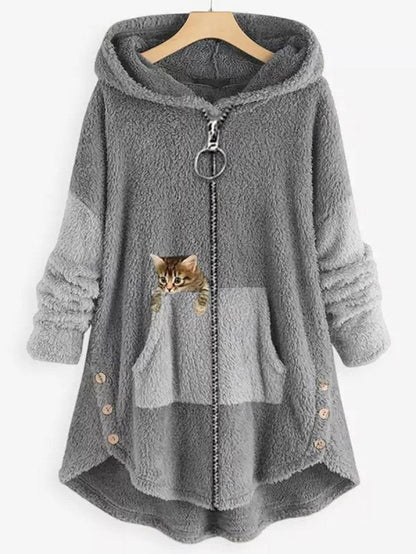 LD | Knus fleecevest met capuchon en schattige kattenprint