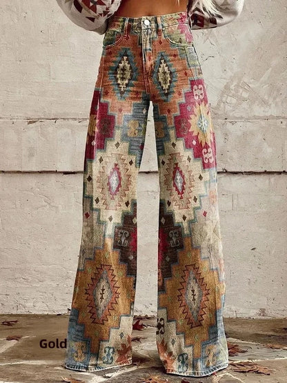 LD | Bedrukte denim jeans met hoge taille en wijde pijpen