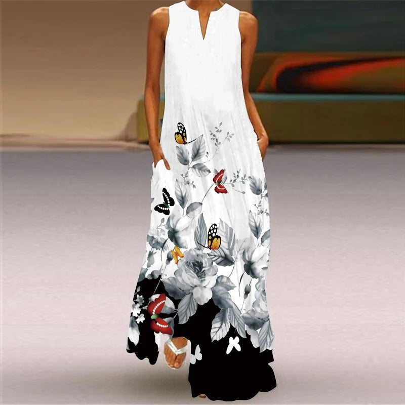LD | Maxi-jurk met bloemenprint en ronde halslijn