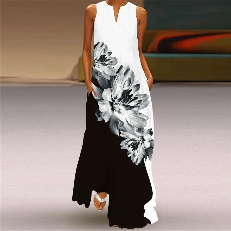 LD | Maxi-jurk met bloemenprint en ronde halslijn