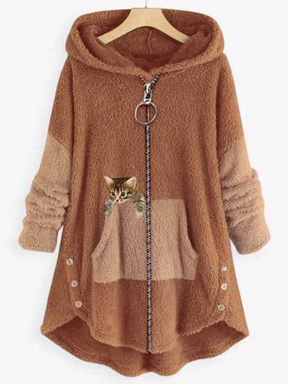 LD | Knus fleecevest met capuchon en schattige kattenprint