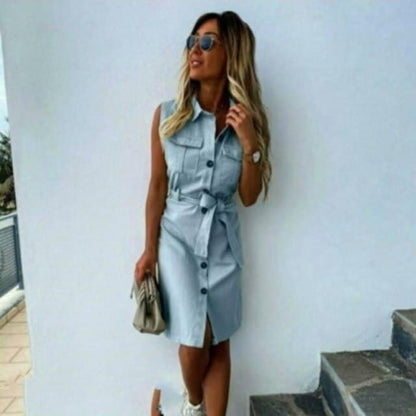 LD | vrouwen vintage front knoop sjerp jas feestjurk mouwloze turn down kraag casual mini jurk zomer mode nieuwe jurk