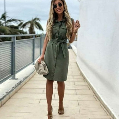 LD | vrouwen vintage front knoop sjerp jas feestjurk mouwloze turn down kraag casual mini jurk zomer mode nieuwe jurk