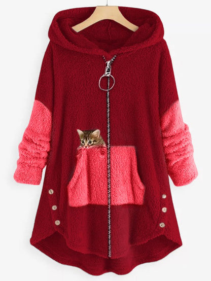 LD | Knus fleecevest met capuchon en schattige kattenprint
