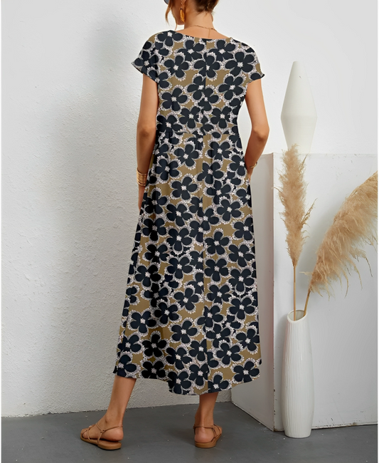 LD | Moderne midi-jurk met bloemenprint en korte mouwen